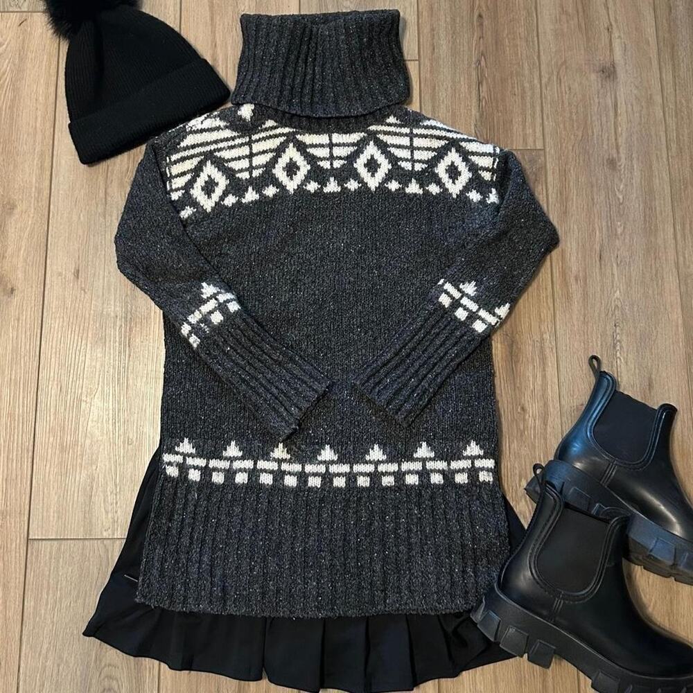 Grey & white mini sweater dress fair isle pattern cowl turtleneck‎ merino wool